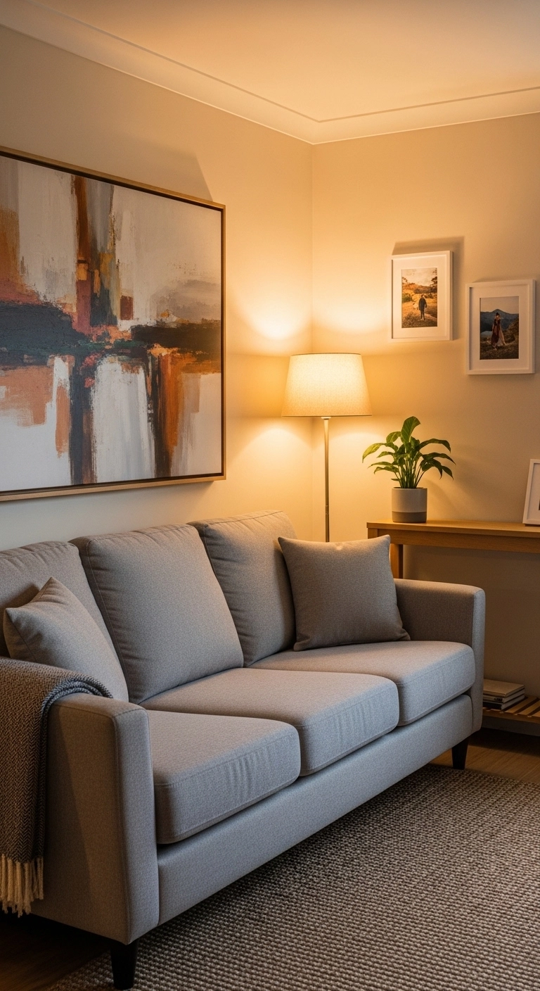 decorating a rental with personal wall art above a sofa