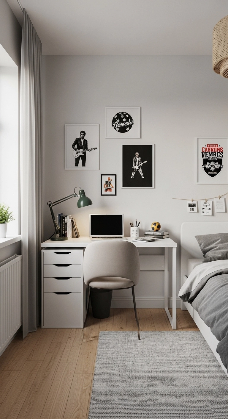 teenage boy bedroom ideas with simple personal wall art