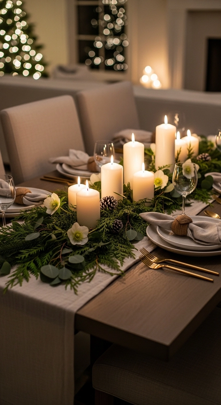 christmas candle decor ideas with pillar candles and greenery on a dining table