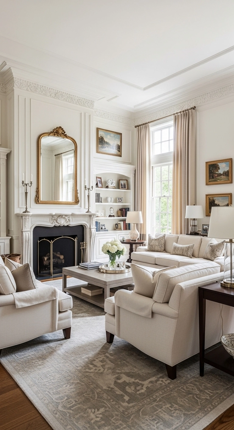 living room curtain ideas with full-length pinch-pleat curtains and elegant styling