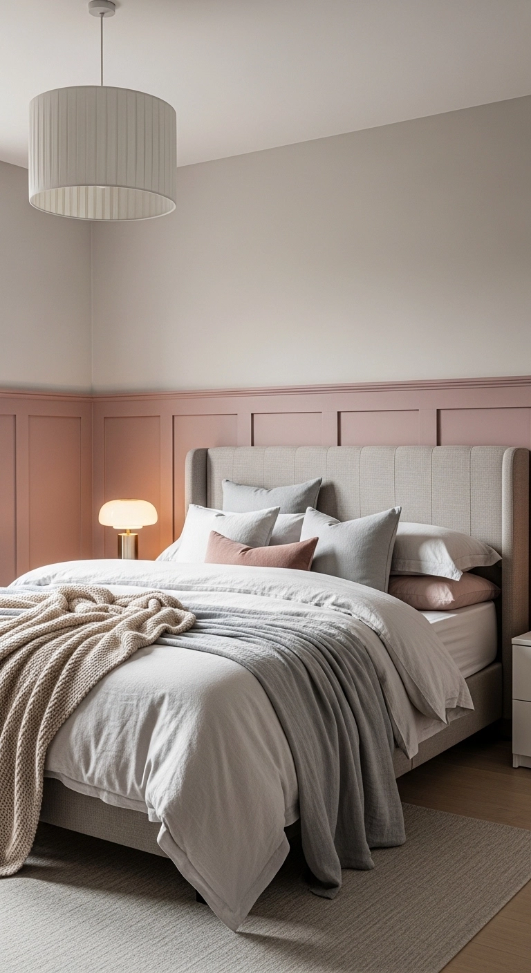 Pink bedroom ideas with muted pink half wall paneling