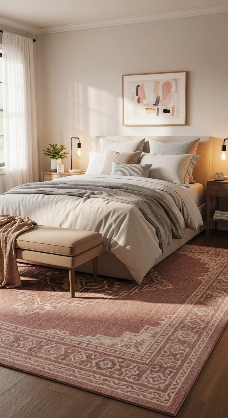 Pink bedroom ideas with a muted pink rug under the bed