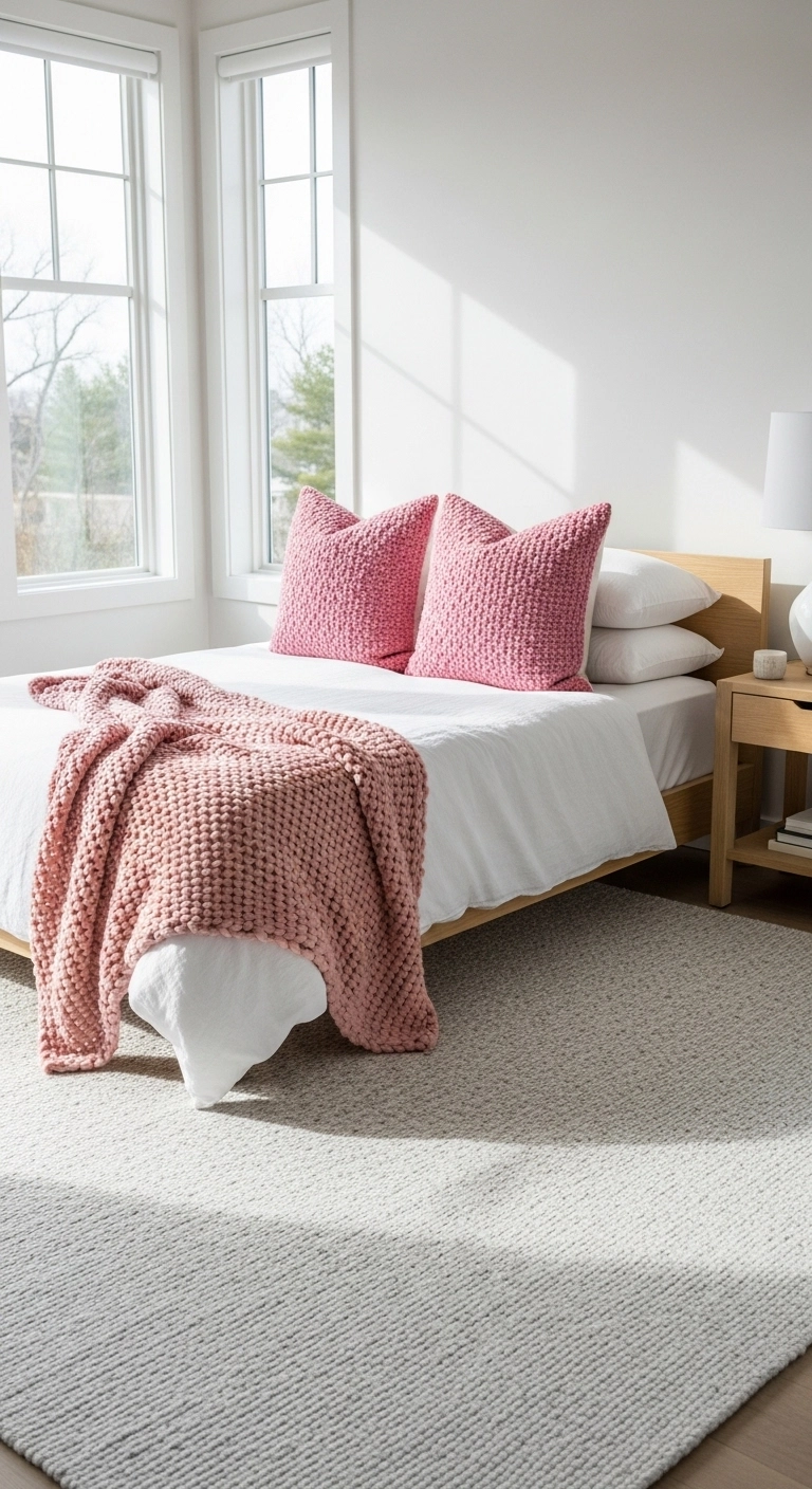 Pink bedroom ideas with pink pillows and knit throw blanket