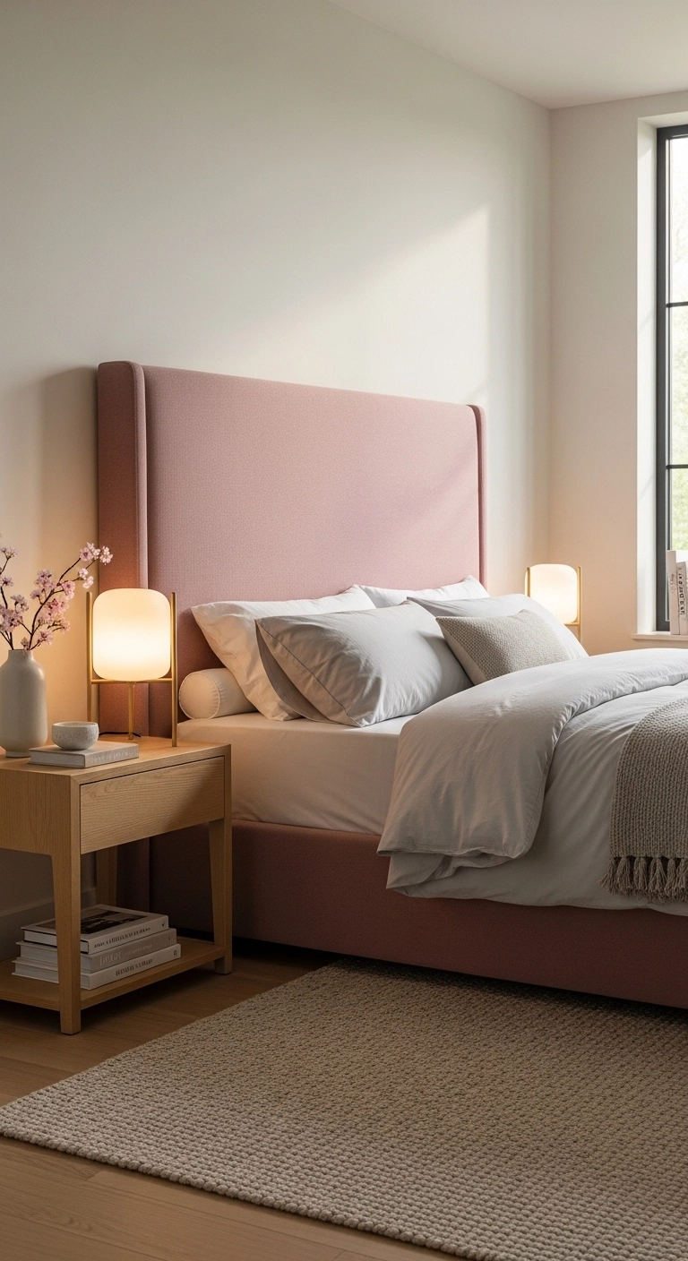 Pink bedroom ideas with a muted upholstered headboard