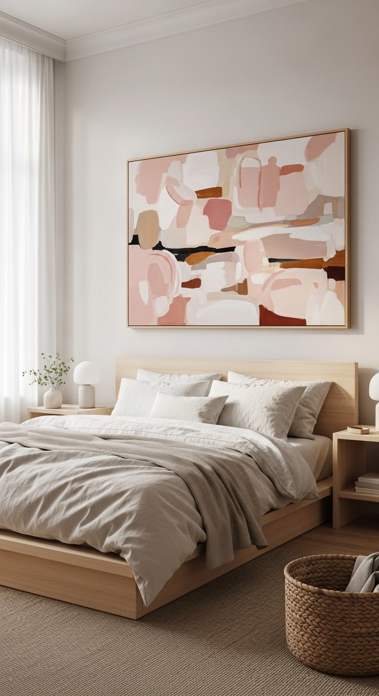 Pink bedroom ideas with pink abstract wall art above the bed