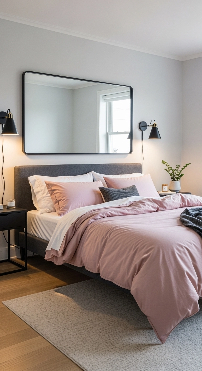 Pink bedroom ideas with black accents and modern blush bedding