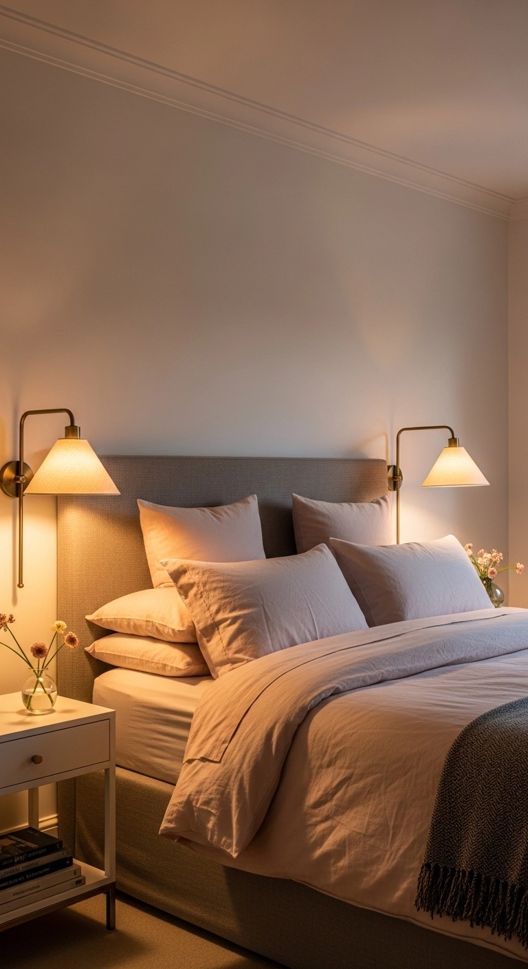 Pink bedroom ideas with brass lighting and blush bedding