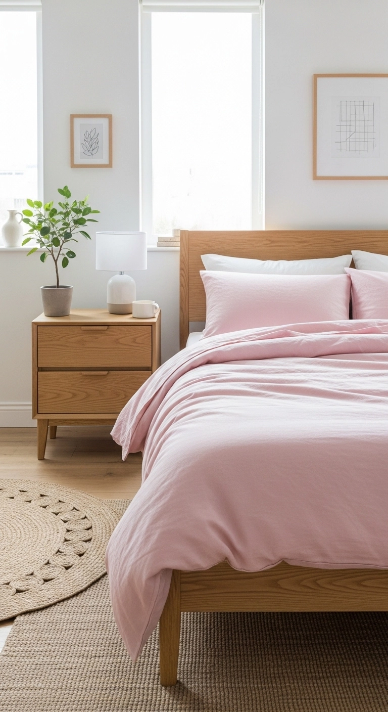 Pink bedroom ideas with light wood furniture and blush bedding