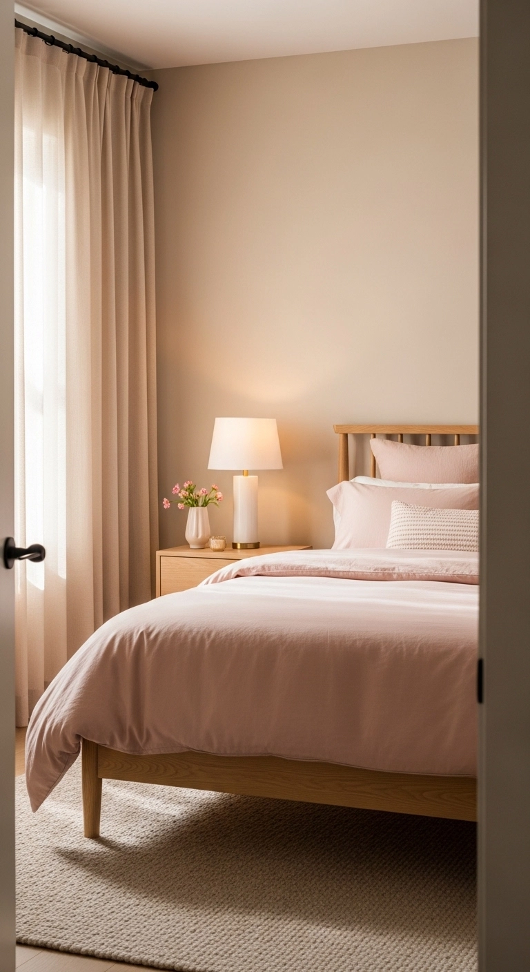 Pink bedroom ideas with warm neutrals and soft blush accents