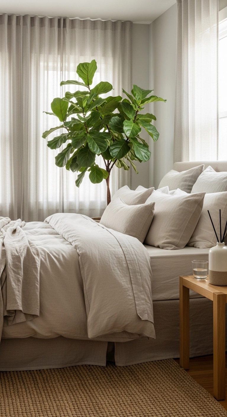 spa bedroom ideas with a green plant in a calm neutral bedroom