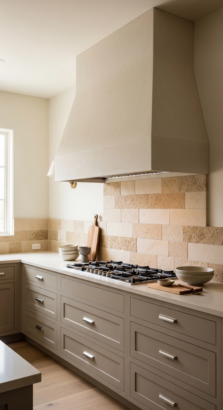 kitchen vent hood ideas with a plaster style hood and soft texture