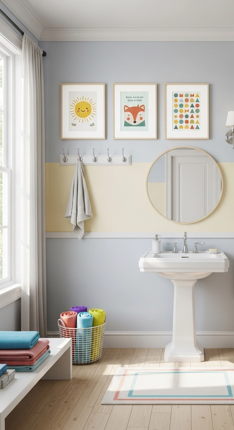 kids bathroom ideas with simple playful wall art