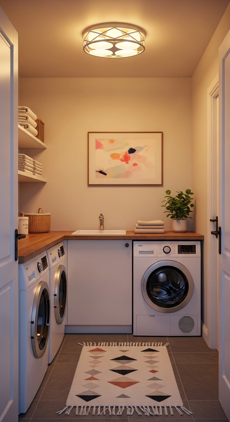 Small laundry room ideas with warm lighting and tidy decor