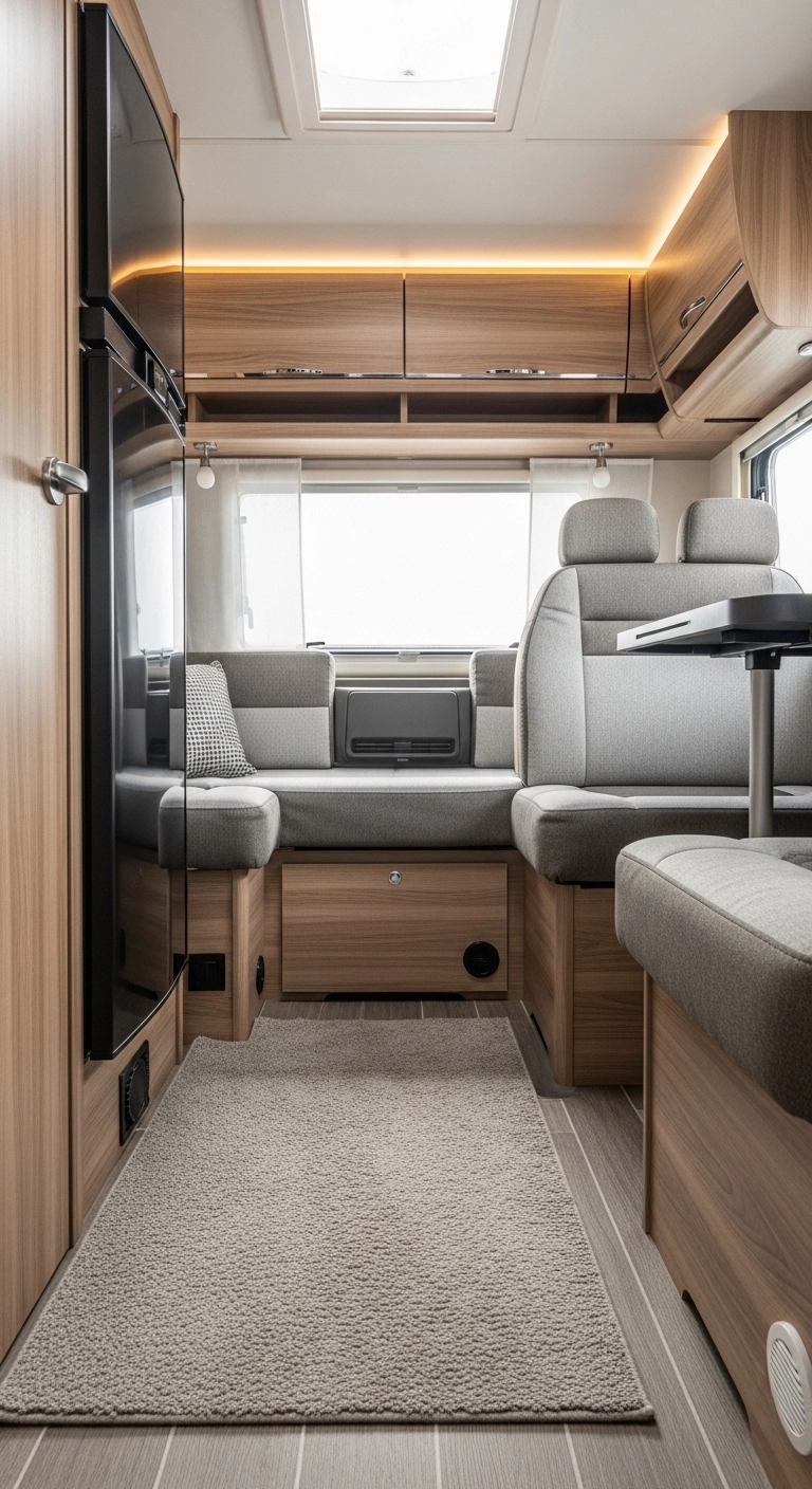 camper interior ideas with a washable rug in a clean modern layout