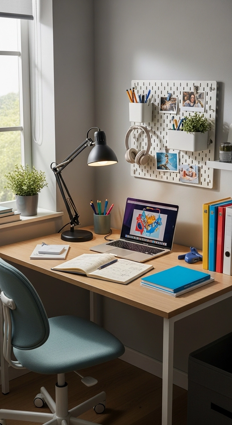 teen girl bedroom ideas with a practical study desk and organized workspace