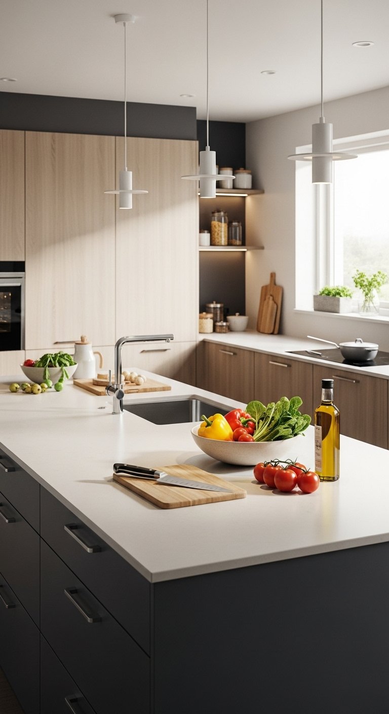 Island kitchen ideas with a prep-focused island and clear work surface