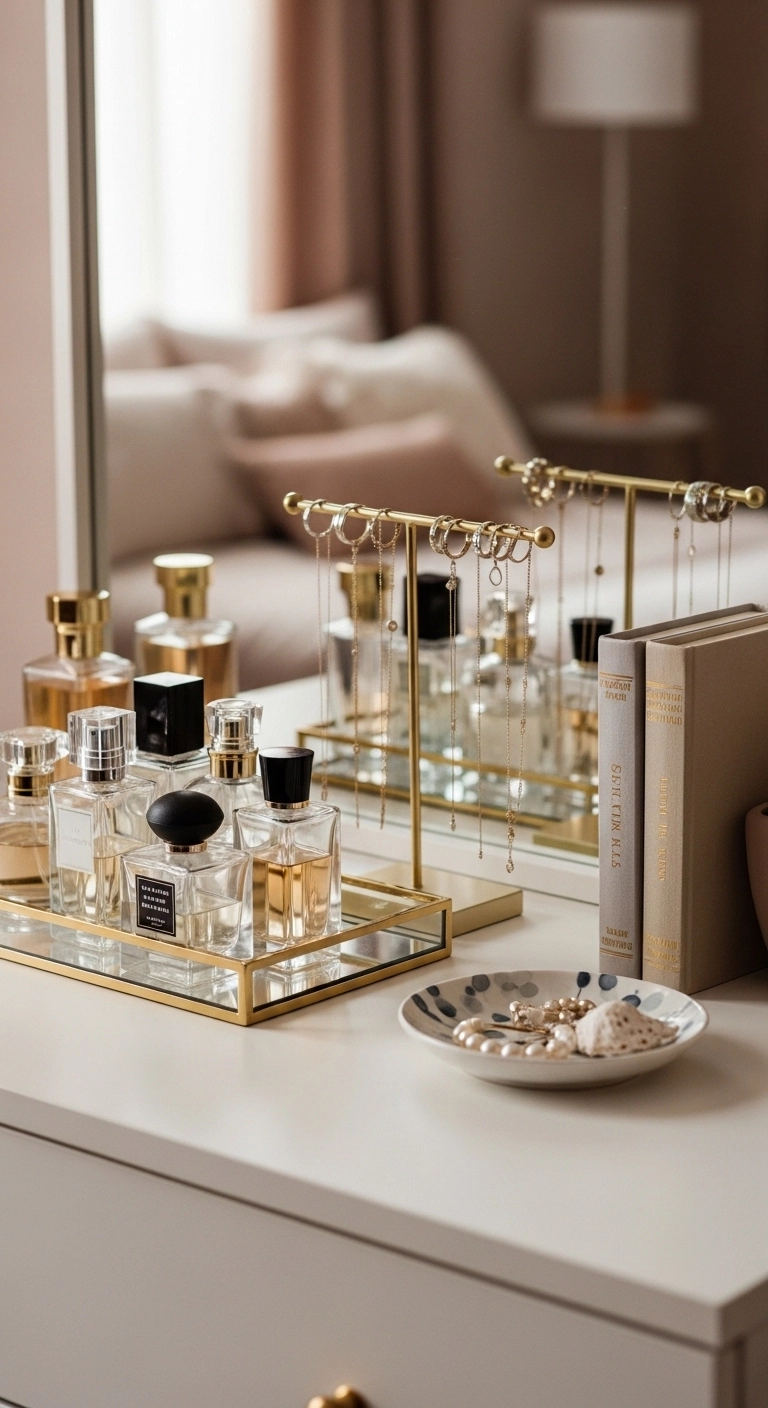 girly room dcore ideas with a perfume and jewelry display on a dresser