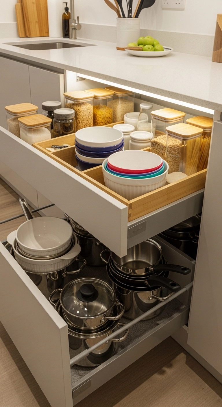 Small kitchen design ideas with full pull-out drawers for easy access