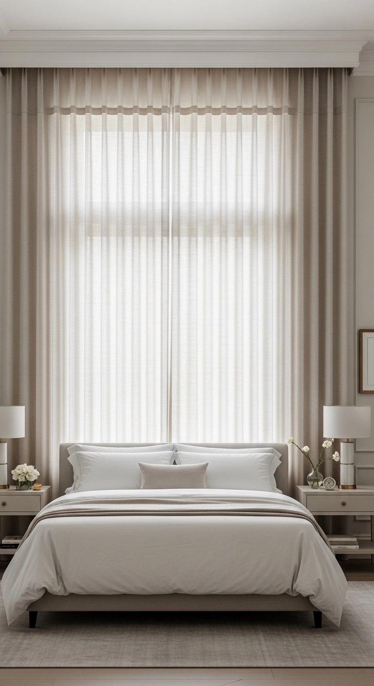 easy home decor updates with high hung curtains in a bedroom