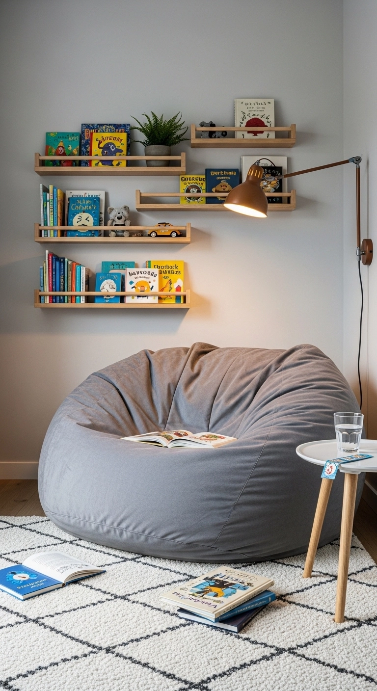 boys bedroom ideas with reading corner, beanbag chair, and wall shelves