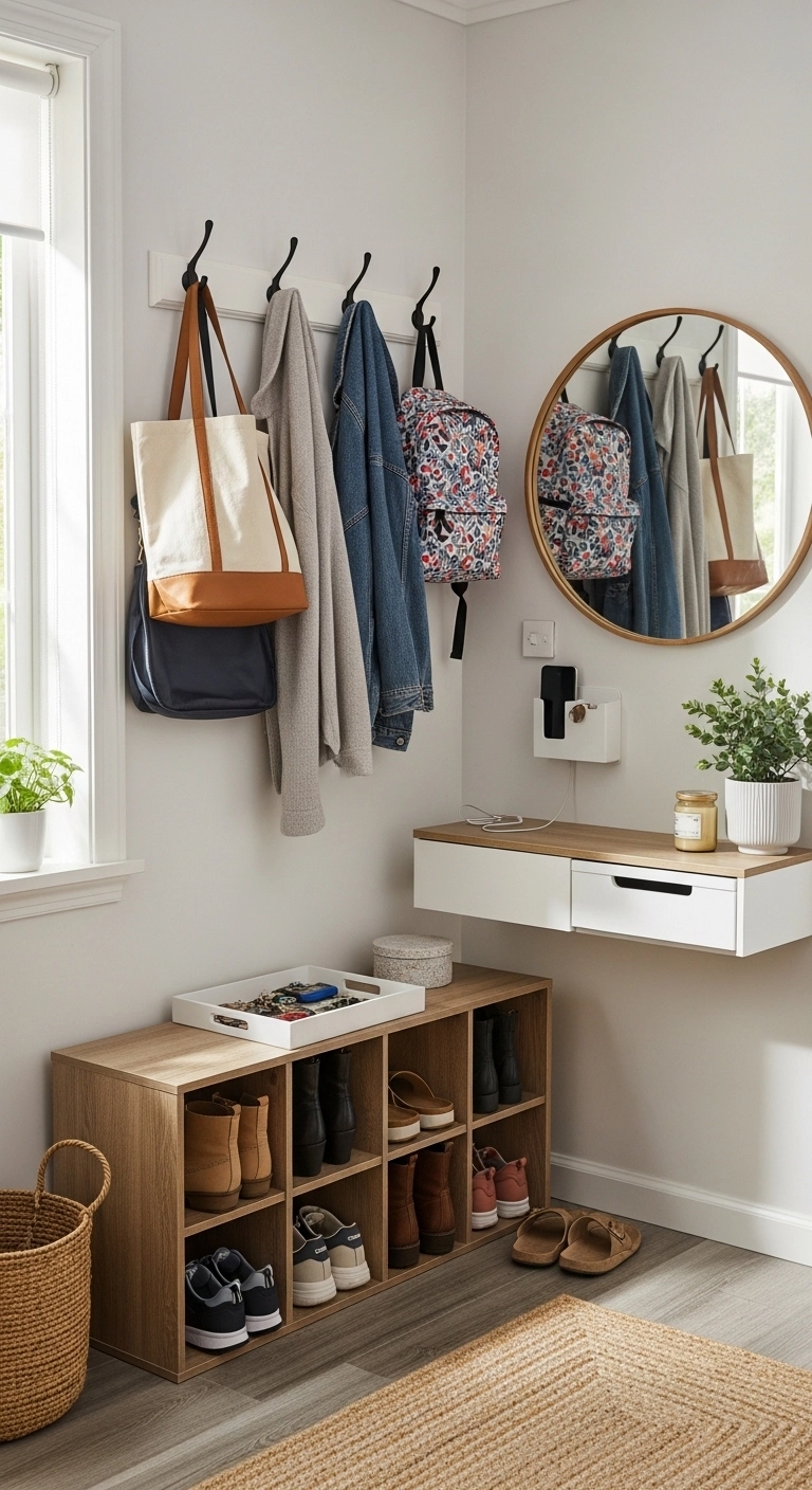 small entryway ideas with clear zones for shoes coats bags and keys