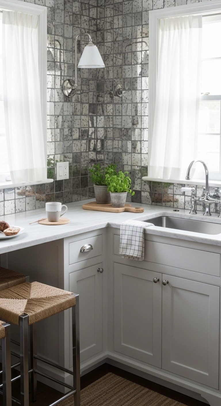 kitchen ideas for small spaces with reflective backsplash and bright surfaces