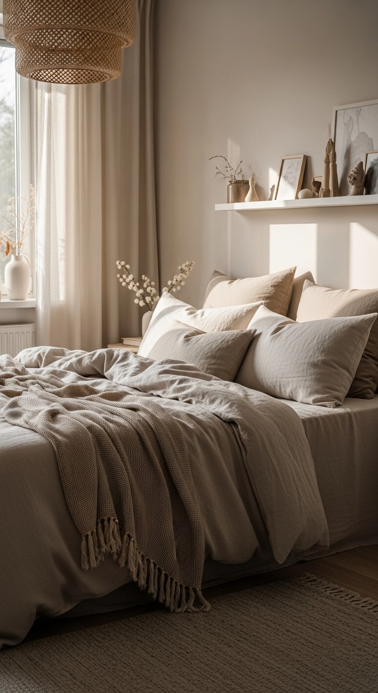 Calm bedroom ideas with relaxed linen bedding and cozy layered pillows