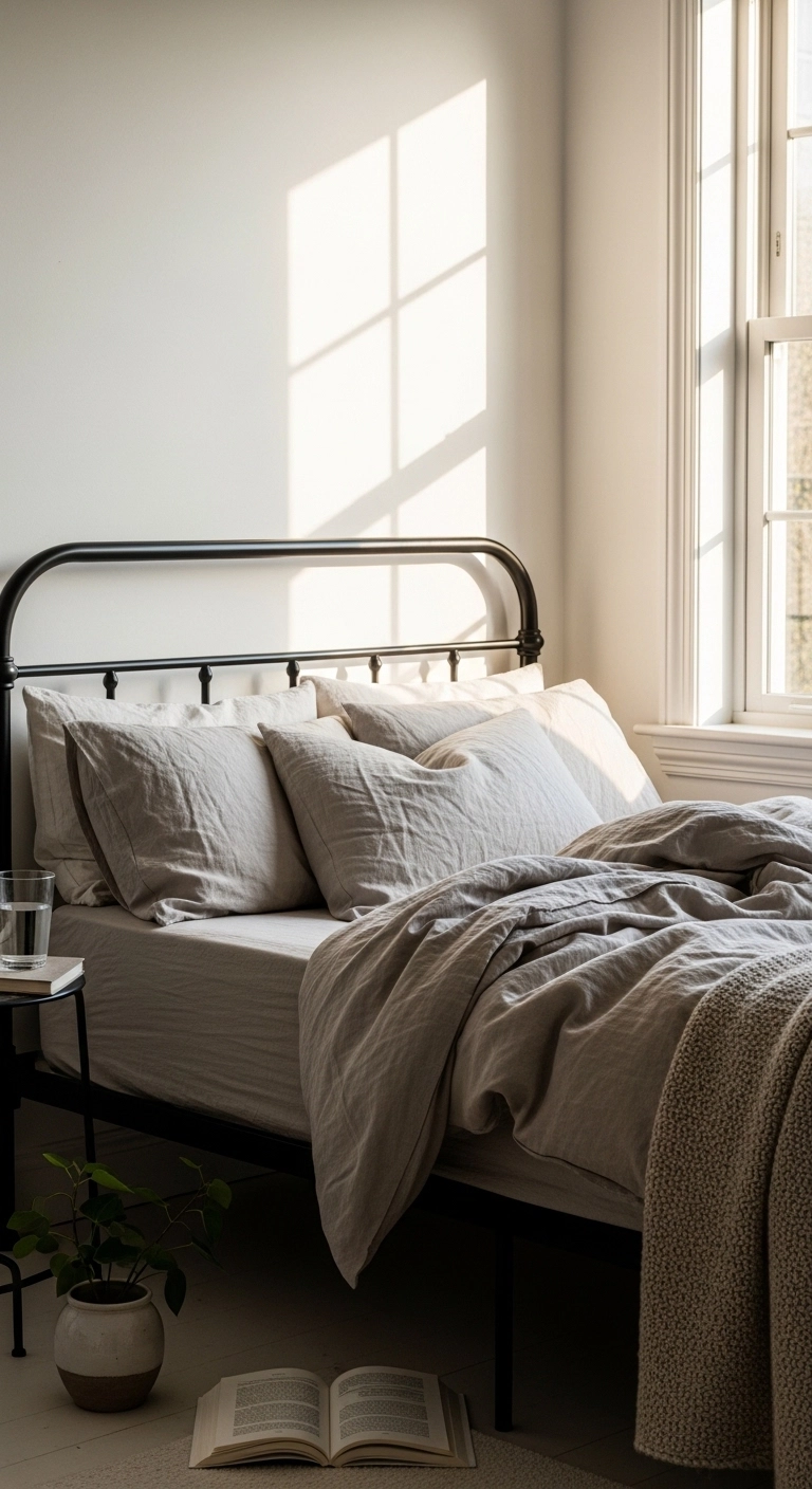 metal bed frame bedroom ideas with relaxed linen bedding in a modern room
