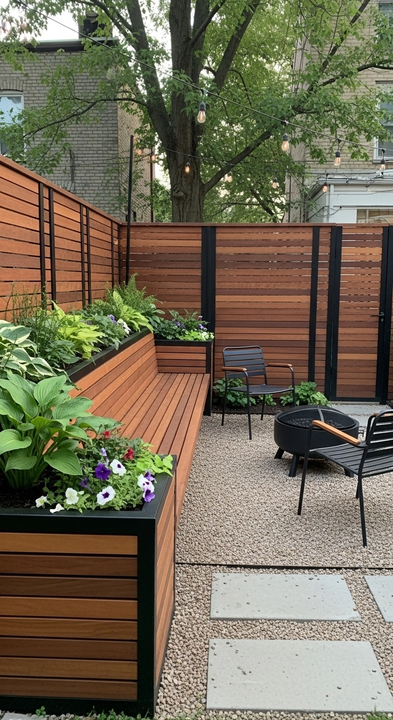 small backyard landscape design ideas with repeated wood and black metal