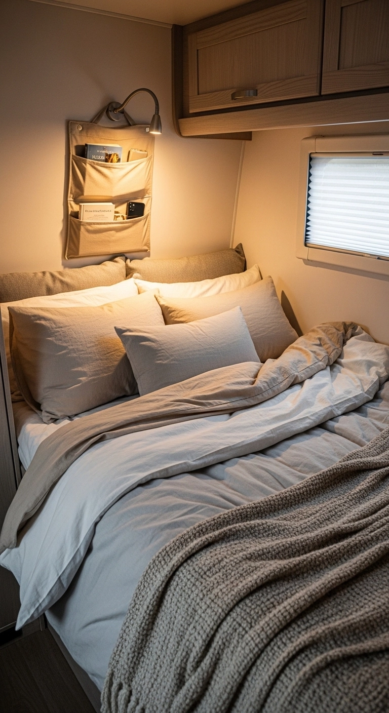 camper interior ideas with layered bedding in a cozy sleeping area
