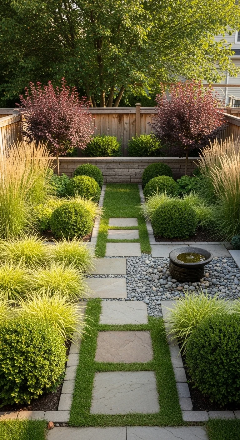 small backyard landscape design ideas with repeated plant rhythm