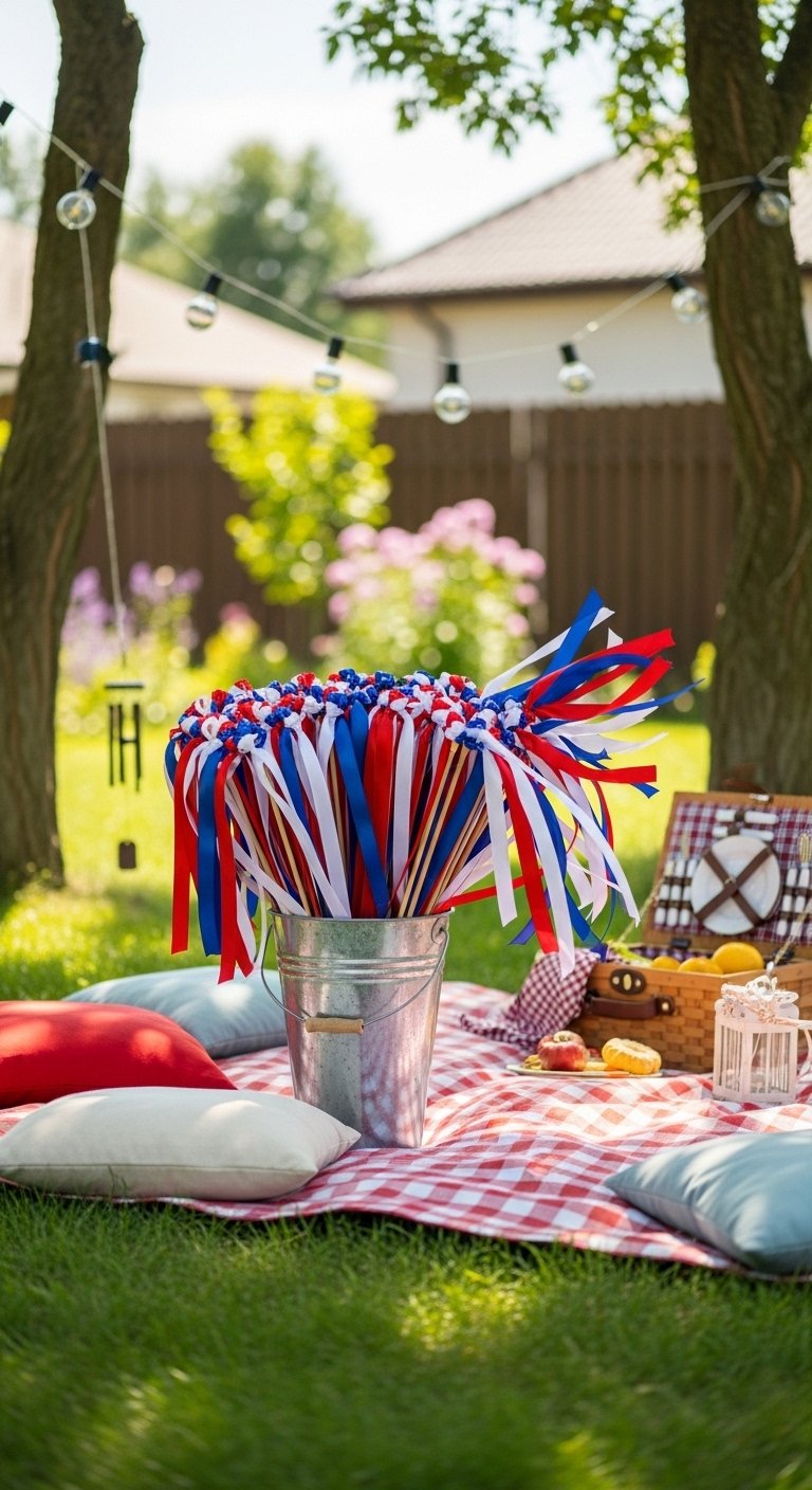 DIY 4th of July decorations featuring ribbon wand bucket decor for a family gathering