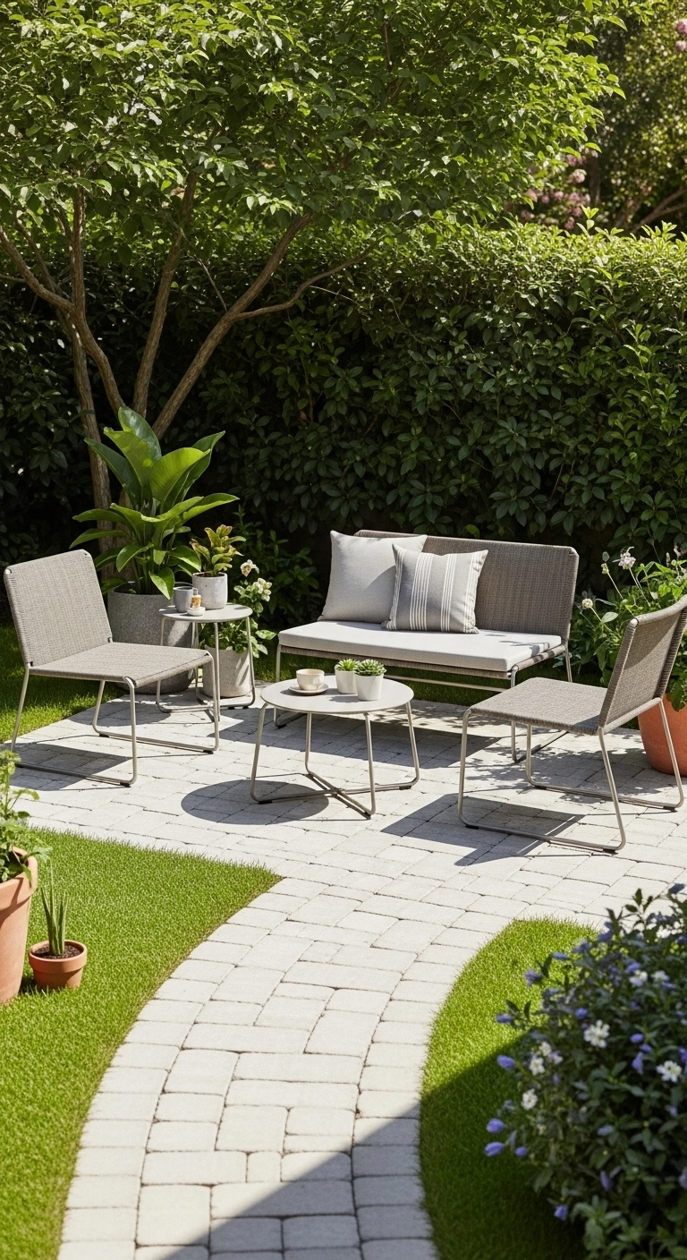 small backyard patio ideas with compact furniture and open space