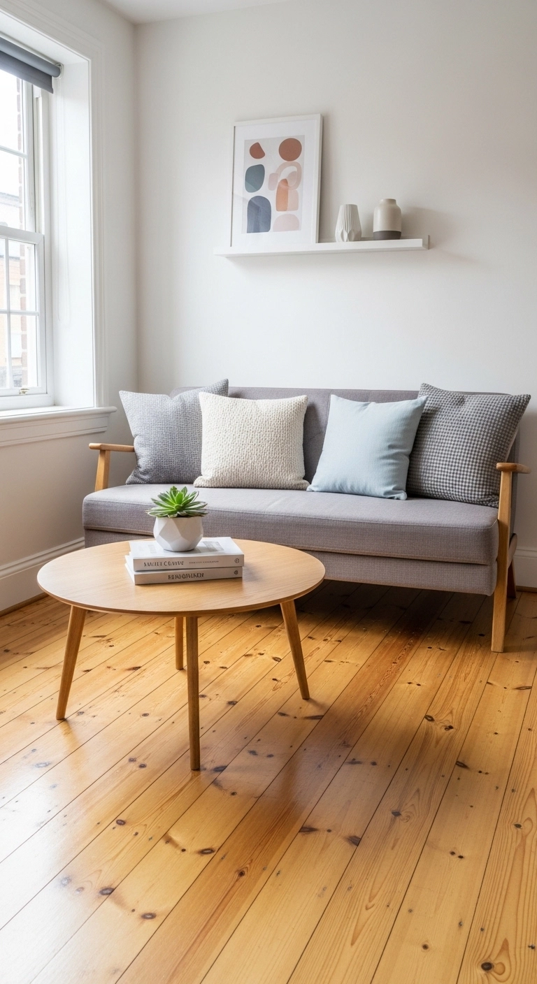 Small home interior design ideas with slim furniture in a cozy living room