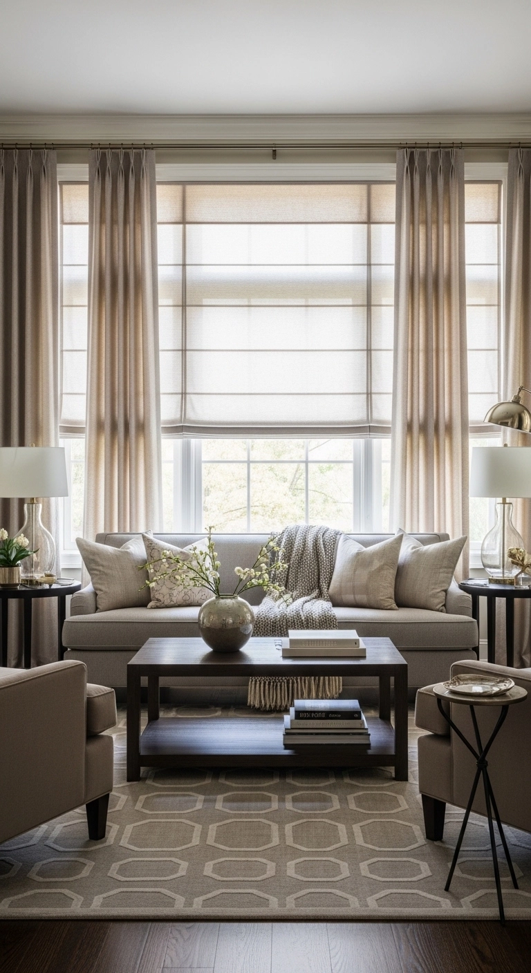 living room curtain ideas with Roman shades and side drapes in a layered window