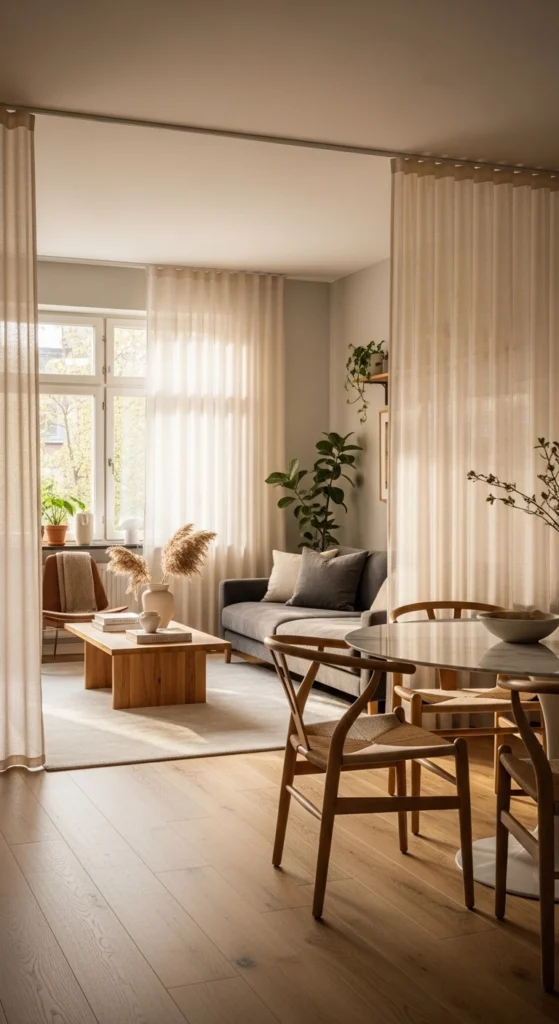 living room curtain ideas with room-divider drapery in an open-plan home