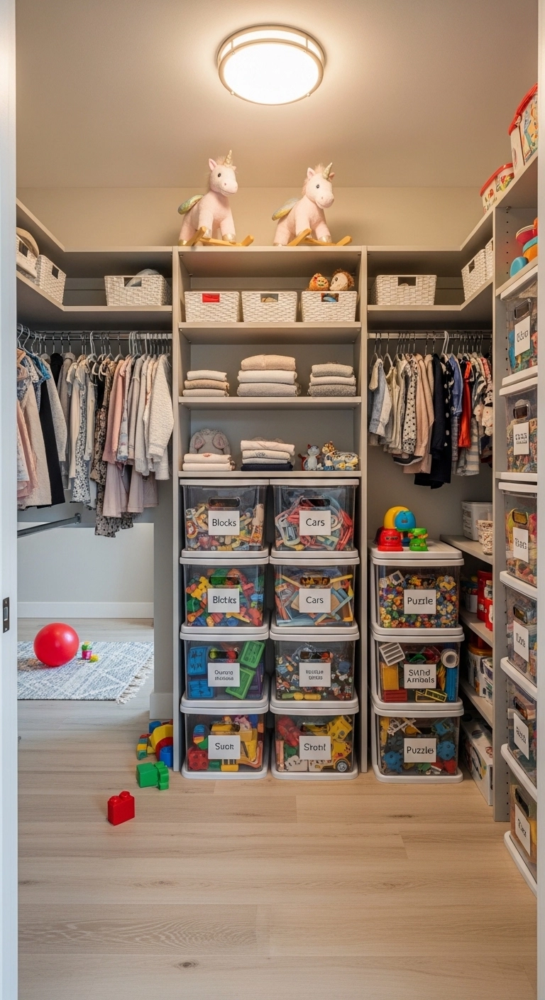 toy storage solutions with rotated toys stored in a closet