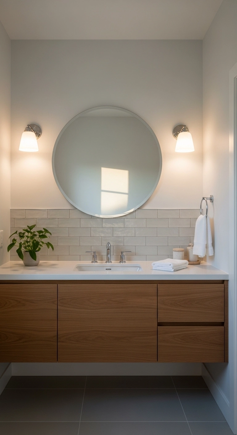 Bathroom mirror ideas with a round mirror above a single sink vanity
