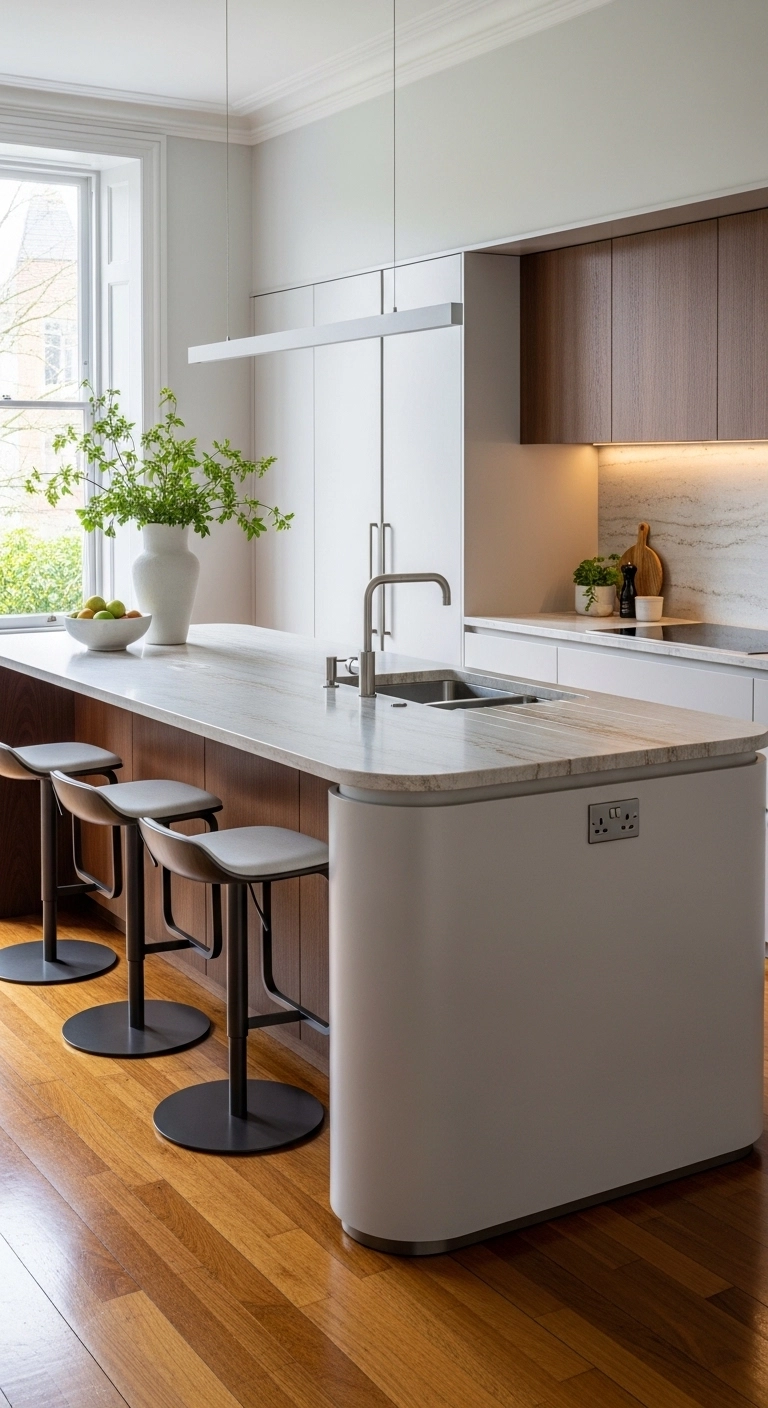 Island kitchen ideas with softly rounded island corners in a modern kitchen