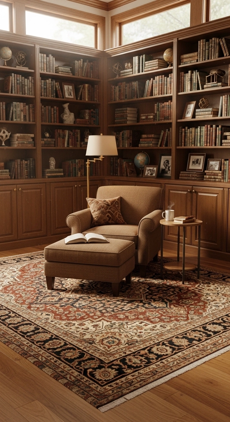 Library room ideas with a large rug grounding a cozy reading zone