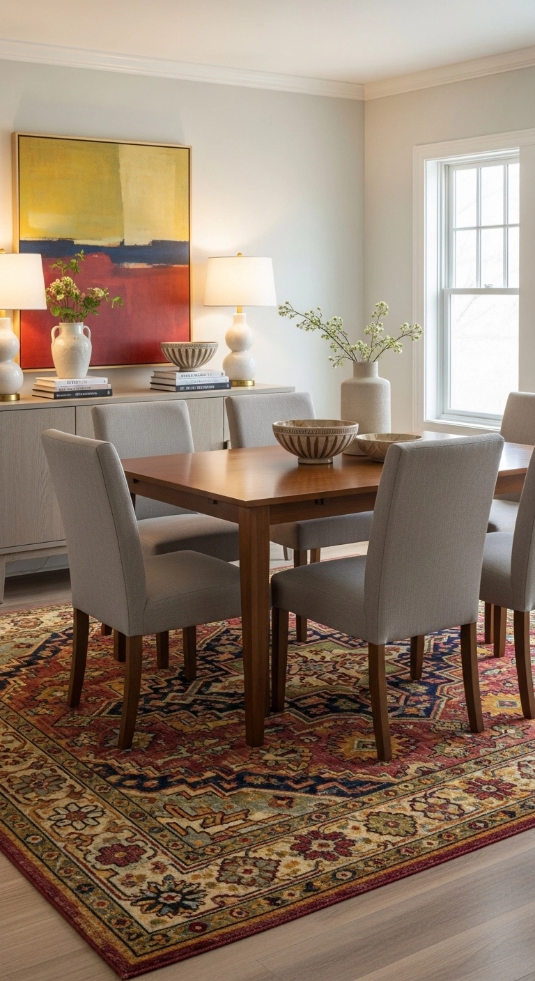 Dining room ideas with a large patterned rug under the dining table and chairs