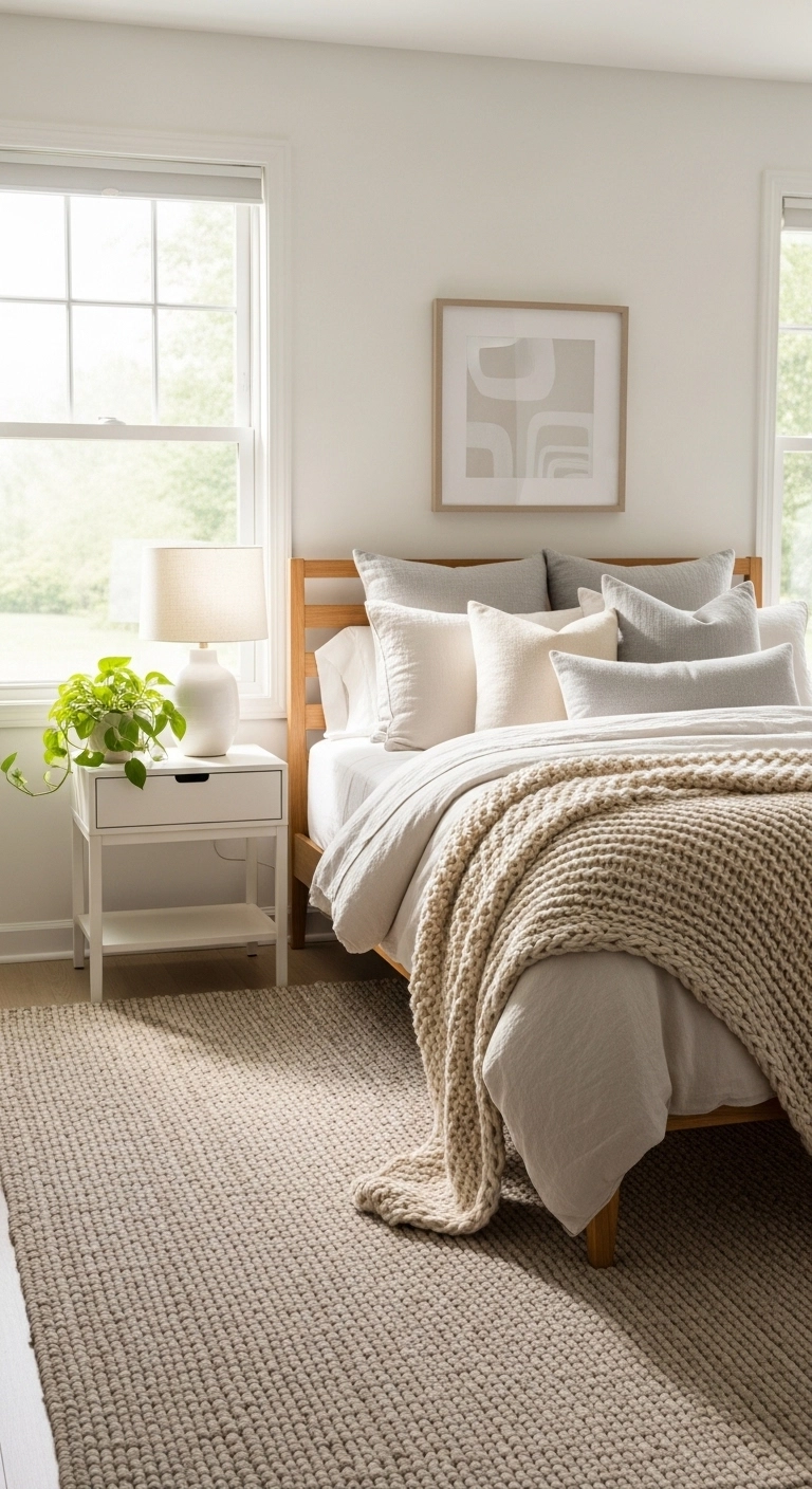 affordable bedroom ideas with a large rug under the bed in a stylish bedroom