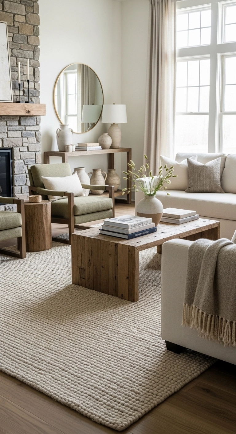 living room decor ideas with a large rug anchoring a cozy seating area