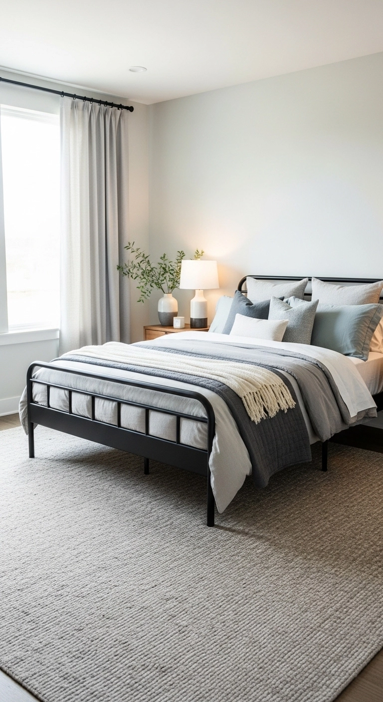 metal bed frame bedroom ideas with a large neutral rug under the bed