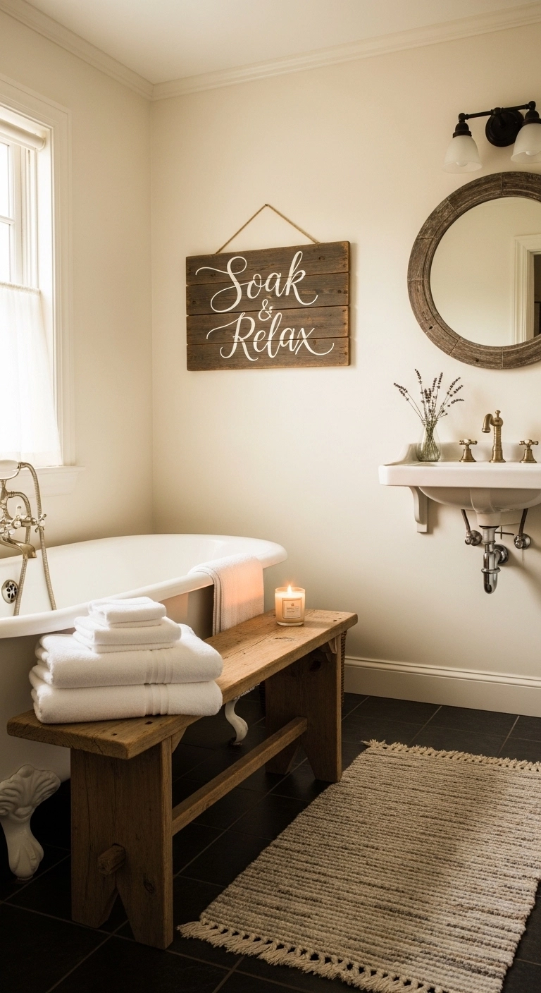 Farmhouse bathroom ideas with a rustic wooden bench beside the tub