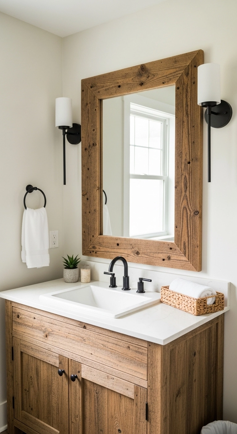 Farmhouse bathroom ideas with a rustic framed mirror above a wood vanity