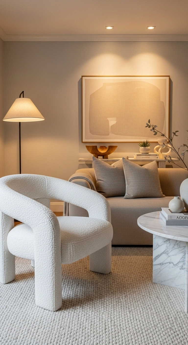 modern living room designs with a sculptural accent chair and luxe feel