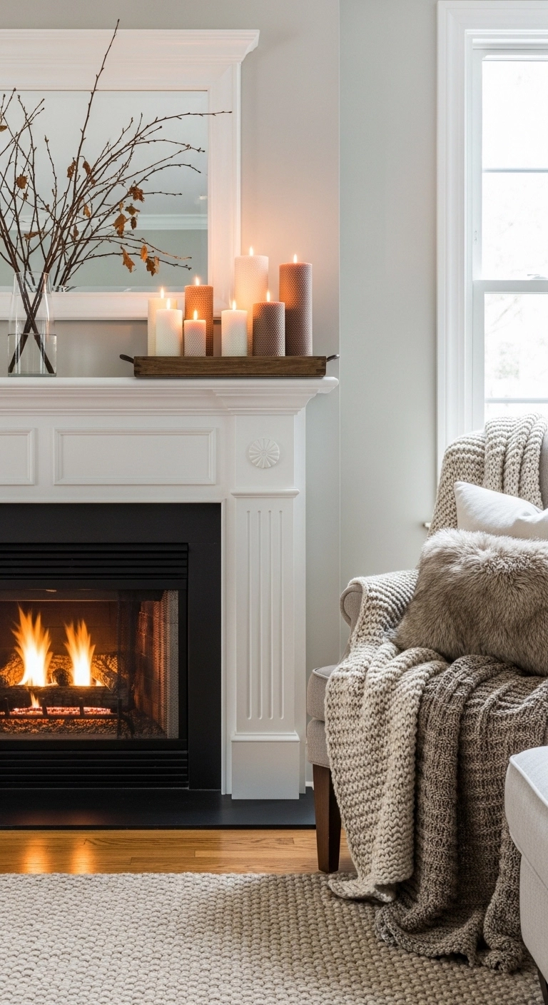 Fireplace decor ideas with subtle seasonal styling in a cozy living room