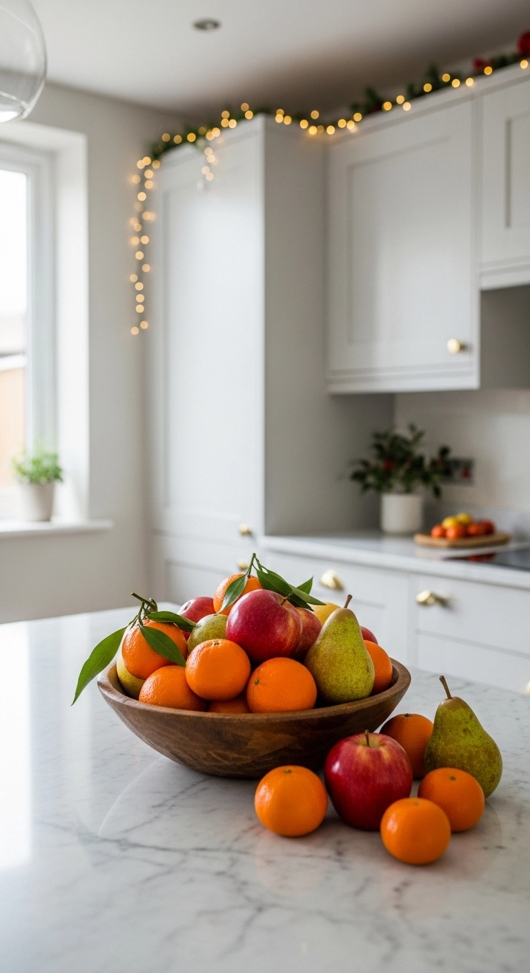 christmas kitchen decor ideas with seasonal fruit on a kitchen island