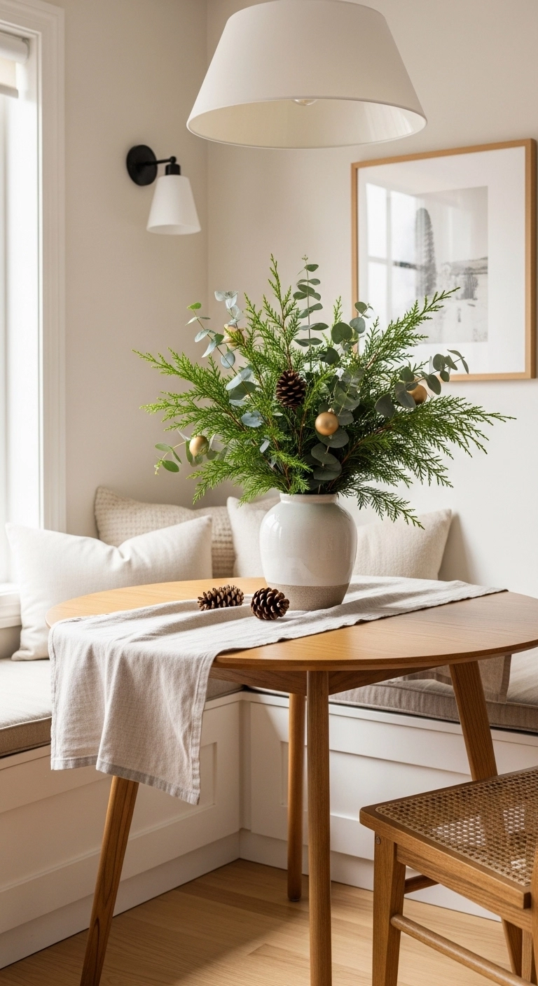 christmas apartment decor with winter greenery on a small dining table